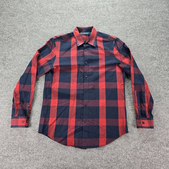 Perry Ellis Shirt Mens Medium Red Blue Plaid‎ Button Up Long Sleeve Preppy - Picture 1 of 8